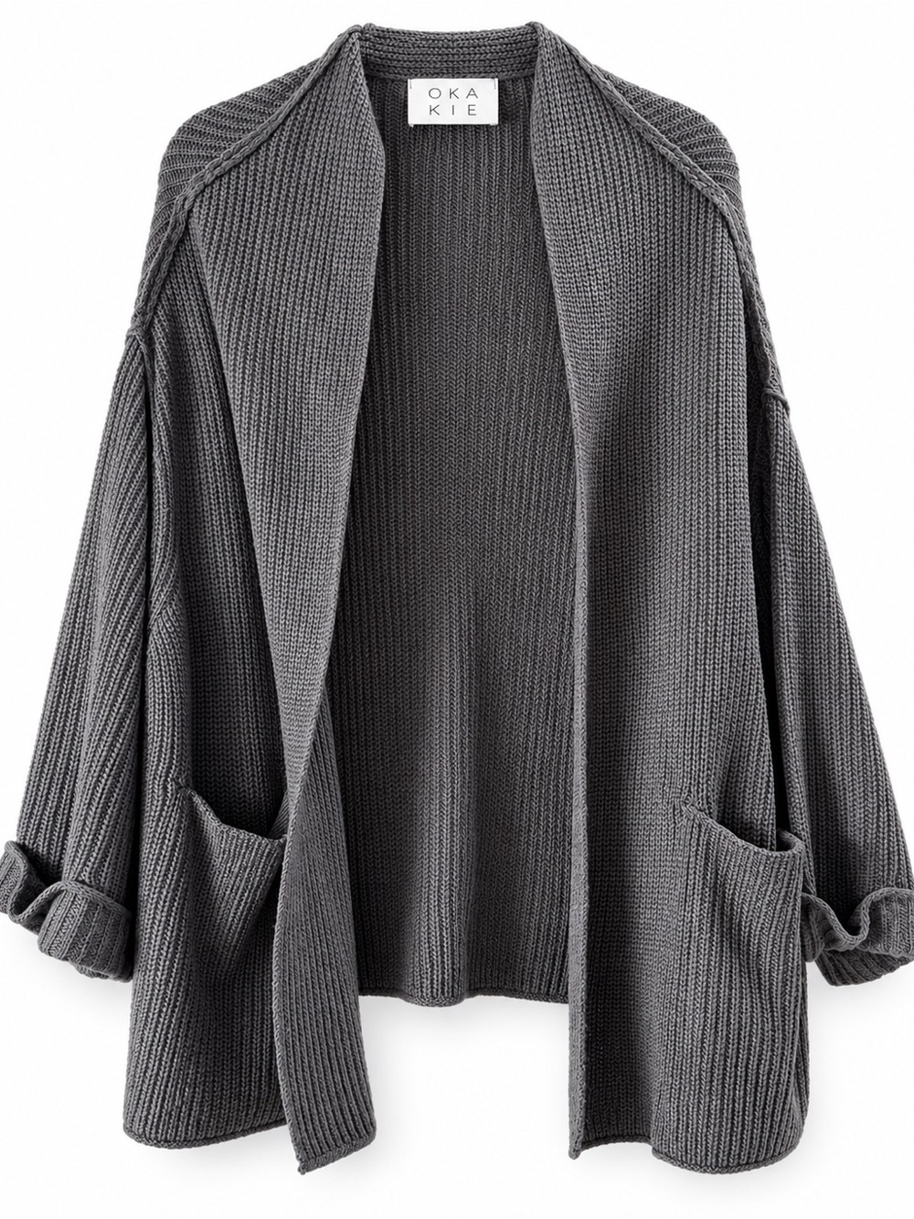 OKAKIE Open-Front Chunky Rib Knit Cardigan - Charcoal Gray